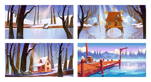 Conjunto de cenários paisagísticos de inverno com casas — Vetor de Stock