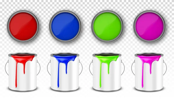 Cubos de pintura, latas de acero con gotas de pintura — Vector de stock