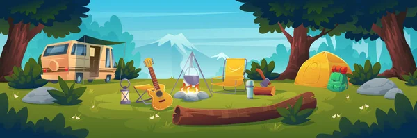 Campamento de verano durante el día, camping, actividades de senderismo — Archivo Imágenes Vectoriales