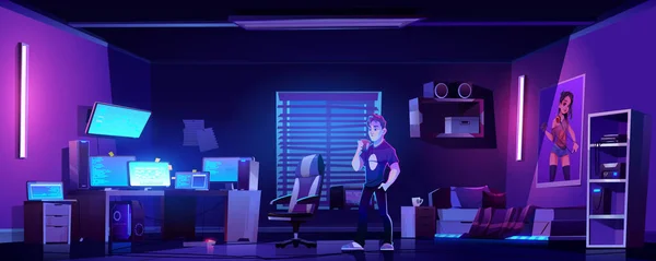 Chambre de joueur avec ordinateurs la nuit — Image vectorielle