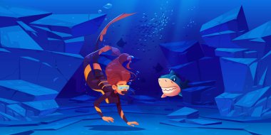 Kadın dalgıç ve köpekbalığı denizin altında