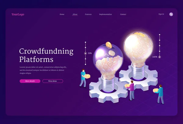 Plataformas de crowdfunding aterrizaje isométrico, idea — Vector de stock