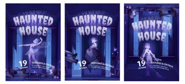 Haunted house cartoon flyers, Halloween party