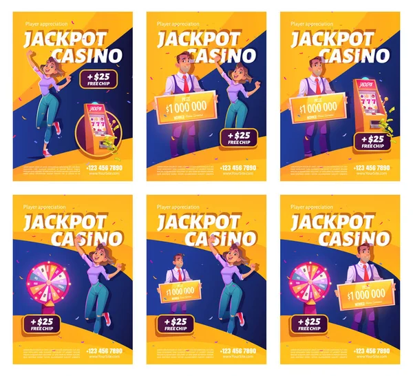 Jackpot casino win ad posters. Lucky woman winning —  Vetores de Stock