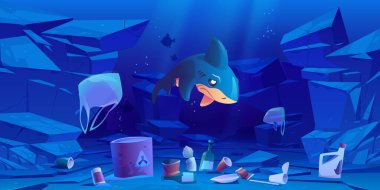 Sad shark, floating plastic bags and trash in sea