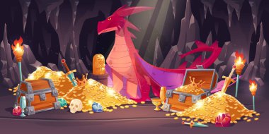 Cave with red dragon, gold coins and treasure