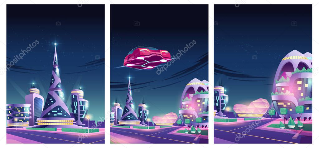 Future night city futuristic buildings flying cars