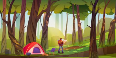 Traveler camp in forest, tourist with backpack