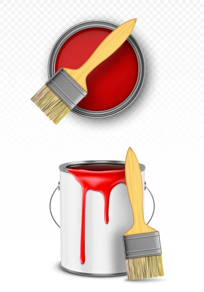 Lata de pintura con pincel, cubo de lata con gotas rojas — Vector de stock