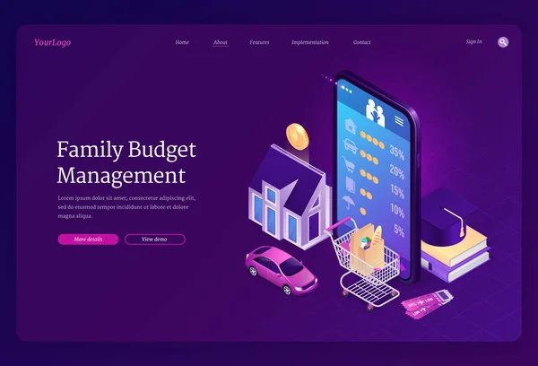 Page de renvoi isométrique de la gestion du budget familial — Image vectorielle