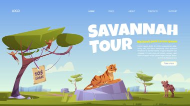 Savannah tur çizgi film iniş sayfası, hayvanat bahçesi parkı.