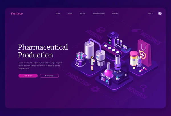 Page de destination isométrique de la production pharmaceutique — Image vectorielle