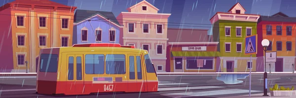 Rain on city street with houses and tram