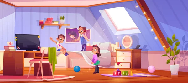 Enfants jouant dans la chambre mansardée, enfants à la maison. — Image vectorielle