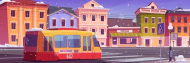 Tramvaya binmek kış retro şehir caddesinde, kar yağıyor
