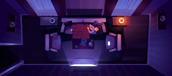 Jeune homme dormant sur le canapé vue du dessus, nuit relax — Image vectorielle