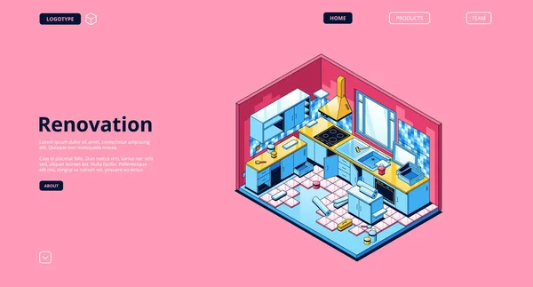 Renovation isometric landing page, home kitchen — Stock Vector