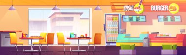 Suşi barı ve hamburgercisi olan bir kafeterya.