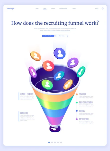 Recrutamento de funil, contratação de landing page isométrica —  Vetores de Stock