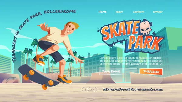 Skate park cartoon landing page with teenager — Stock Vector