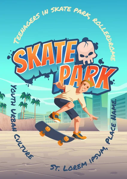 Skate park affiche avec garçon chevauchant sur skateboard — Image vectorielle