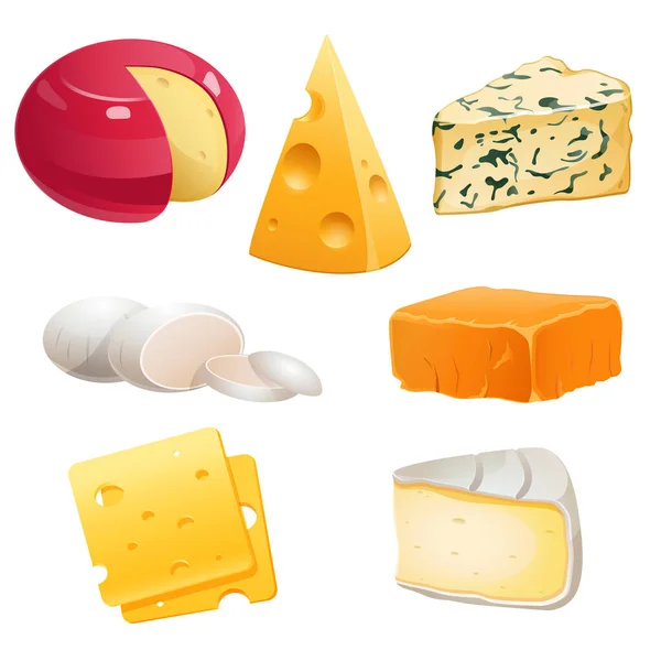 Conjunto de tipos de queso roquefort, brie y maasdam — Vector de stock