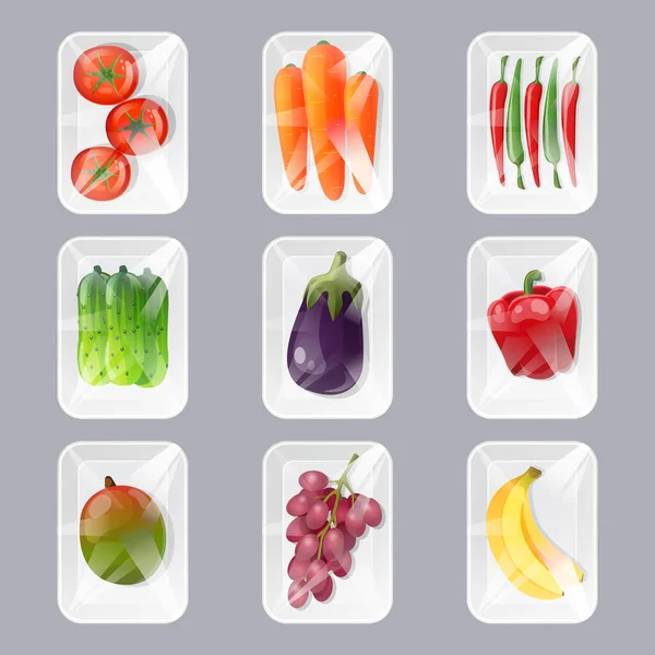 Plastové tácy s čerstvým ovocem a zeleninou — Stockový vektor
