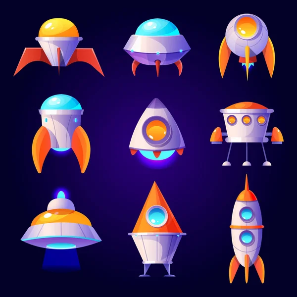 Foguetes de desenhos animados, ufo, naves espaciais e vaivéns —  Vetores de Stock