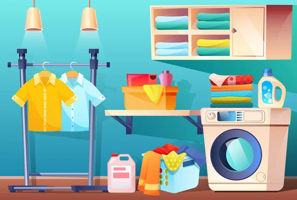 Waschküche mit sauberer oder schmutziger Kleidung, Vektor — Stockvektor