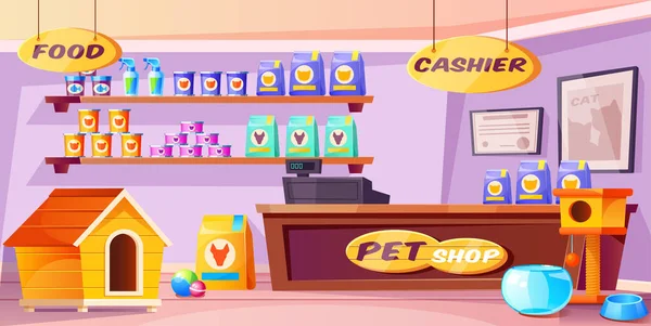 Pet shop interior, loja de animais domésticos com mesa — Vetor de Stock