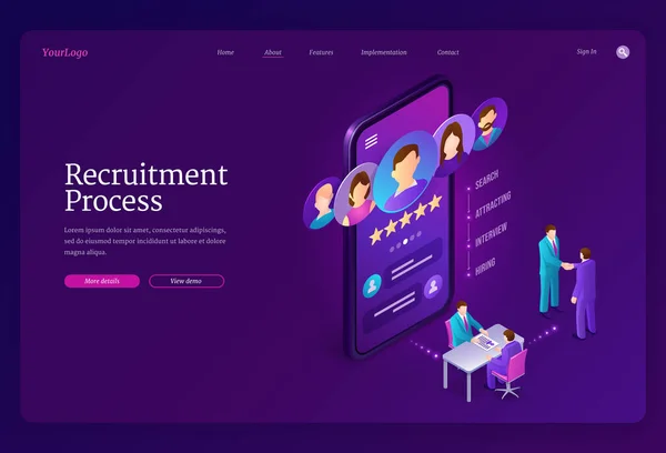 Recruitment process isometric landing page, banner