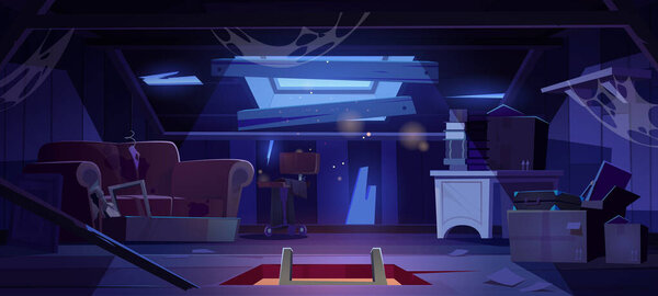 Старый чердак в заброшенном доме ночью пустой чердак