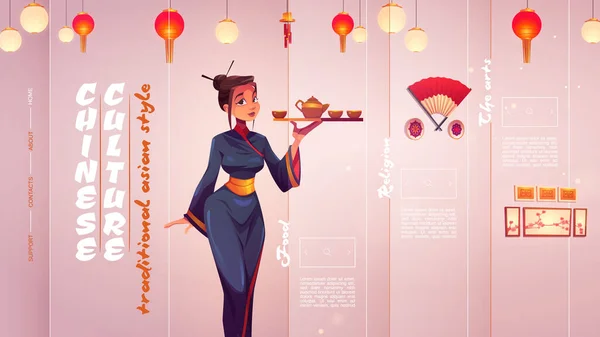 Banner da cultura chinesa com mulher em quimono —  Vetores de Stock