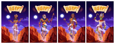 Çizgi film posterleri Mısır tanrıları Ra, Horus, Firavun