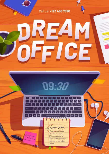 Ονειρεμένη αφίσα γραφείου με χώρο εργασίας με laptop — Διανυσματικό Αρχείο