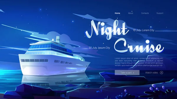 Night cruise website with ship in ocean — Stock Vector