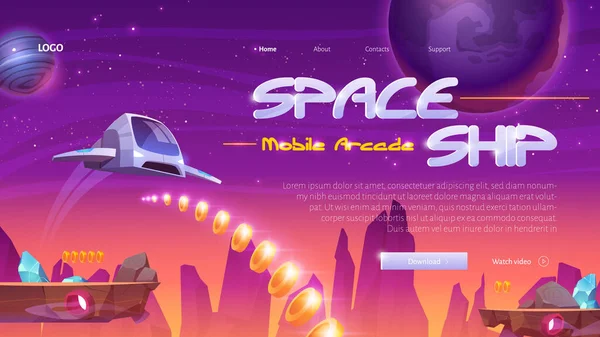 Rymdskepp mobilspel webbplats med raket i rymden — Stock vektor