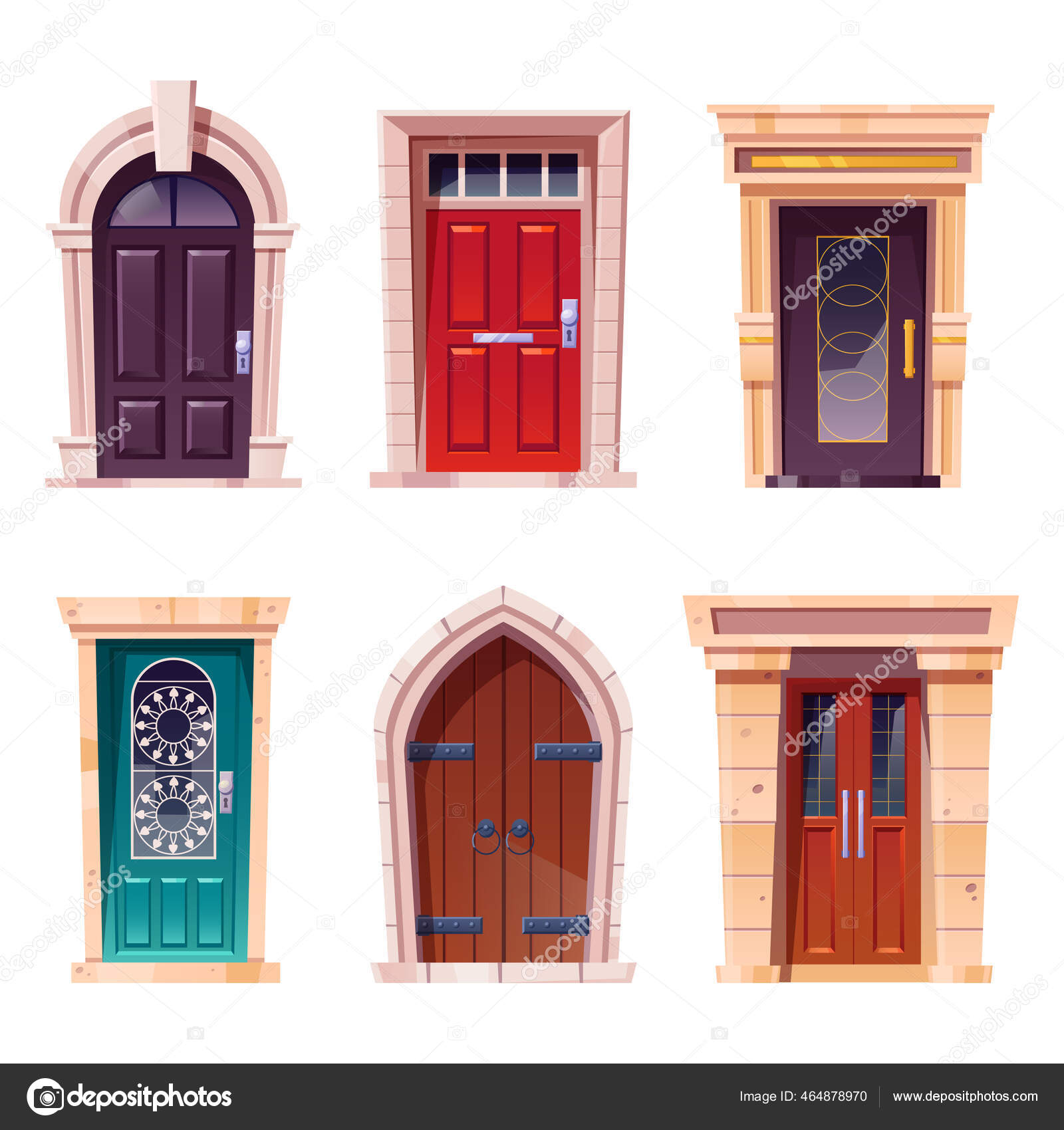 Wooden front doors with stone frame isolated on white background. Vector  cartoon set of house entrance, red, brown and yellow closed doors with  knobs and windows for building facade Stock Vector Image