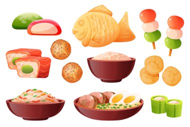 Japon yemeği, kase içinde pirinç, suşi ve ramen.