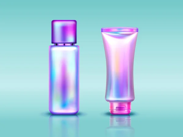 Paquete de cosméticos olográficos, tubo y botella — Vector de stock