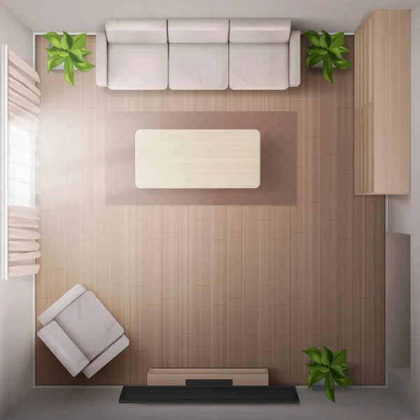 Vardagsrum interiör ovanifrån med soffa och tv — Stock vektor
