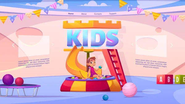 Kinder Spielzimmer Cartoon Landing Page, Mädchen spielen — Stockvektor