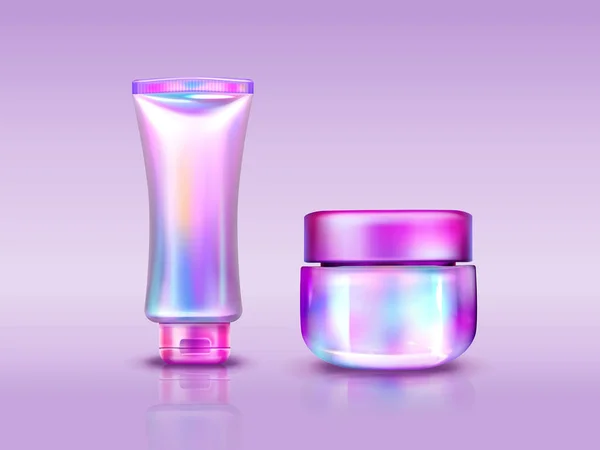 Paquete de cosméticos holográficos tubo iridiscente y frasco — Vector de stock