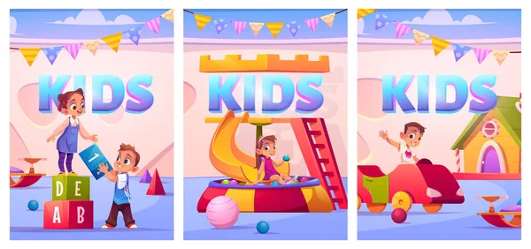Plakate mit Kindern auf Spielplatz im Kindergarten — Stockvektor