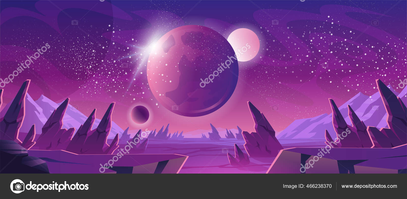 Cartoon Space Background. Starry Universe Sky With Alien Planets. Asteroids  And Nebula. Science Fiction Galaxy Purple Wallpaper. Cosmos Interstellar  Exploration. Vector Cosmic Dark Night Atmosphere Royalty Free SVG,  Cliparts, Vectors, and Stock