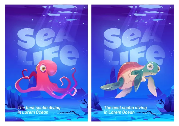 Onderwater leven dieren, scuba duiken posters — Stockvector