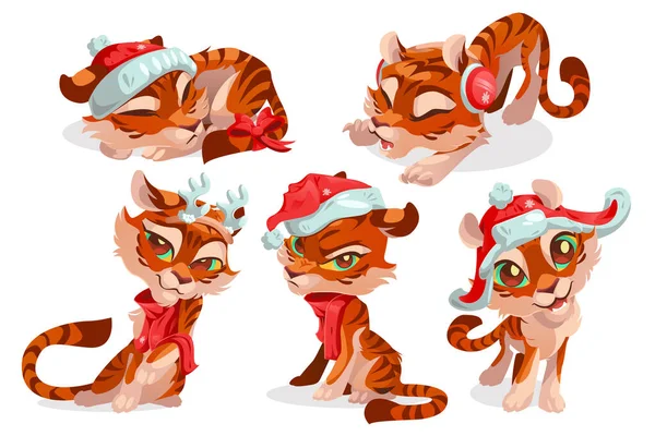 Cute baby tiger character in christmas hat — Stock Vector
