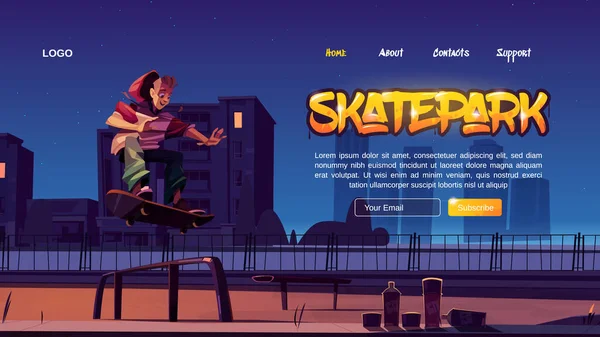 Skatepark dibujos animados aterrizaje, adolescente en el rollerdrome — Archivo Imágenes Vectoriales