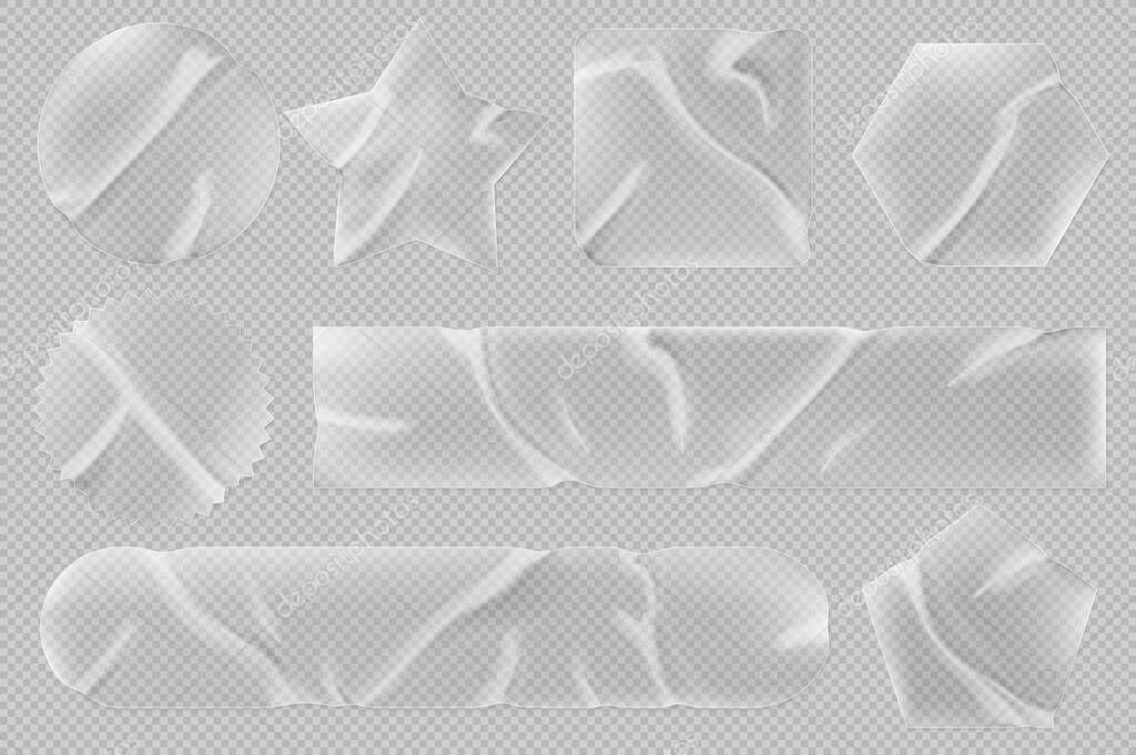 Transparent stickers or patches mockup. Plastic or pvc shrunken labels of different shapes round, square, star, pentahedron and hexahedron or notched circle wrinkled emblems, Realistic 3d vector set