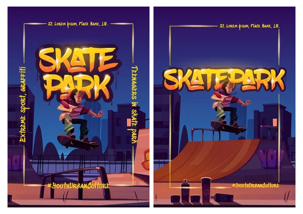 Skatepark-Plakate mit Junge auf Skateboard in der Nacht — Stockvektor